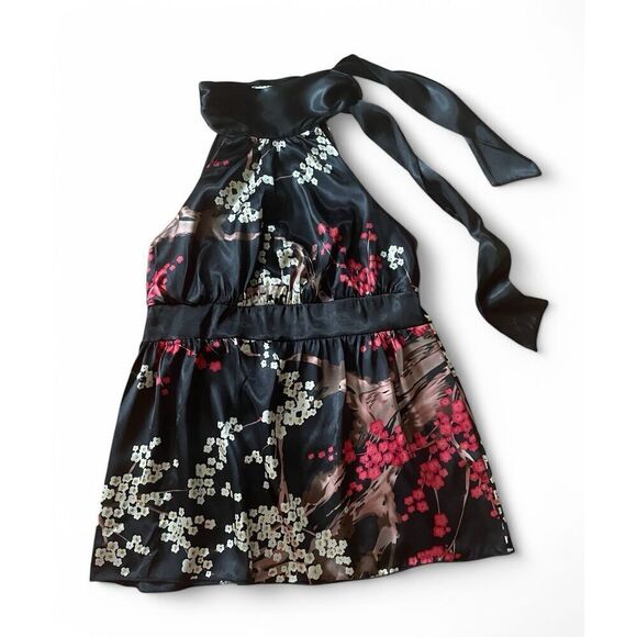 Forever Women’s Vintage USA Sakura Print Tie Neck Sleeveless Open Back Top L - Picture 1 of 9